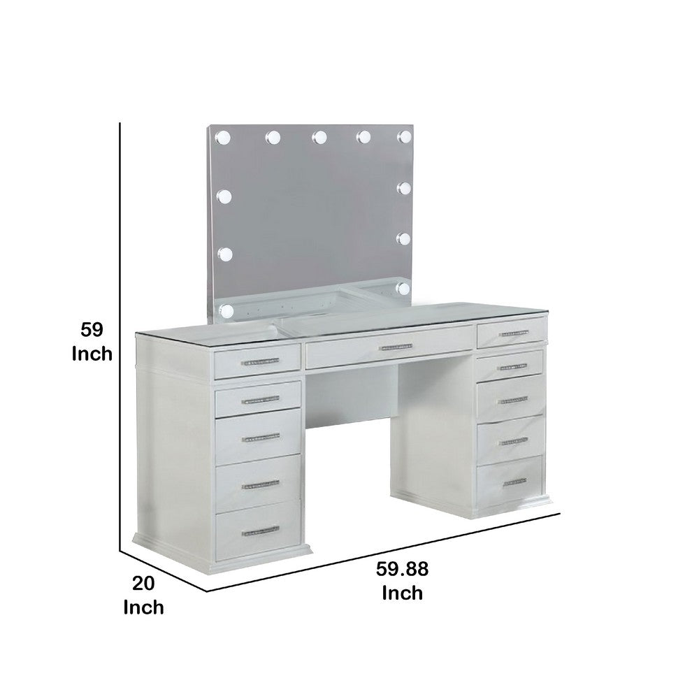 Vaz 3pc LED Mirror Vanity Table Set, Glass Top, Padded Stool, White - BM340351