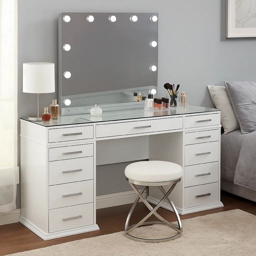 Vaz 3pc LED Mirror Vanity Table Set, Glass Top, Padded Stool, White - BM340351