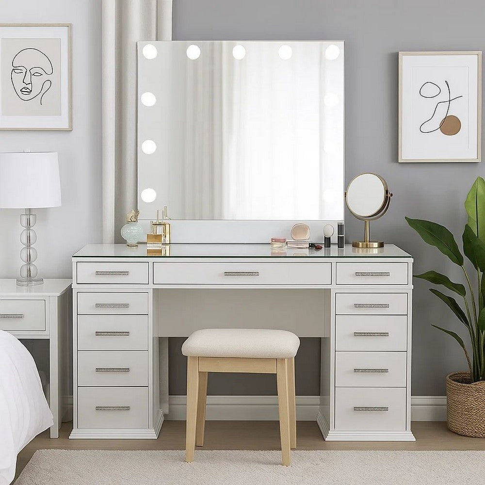 Vaz 3pc LED Mirror Vanity Table Set, Glass Top, Padded Stool, White - BM340351