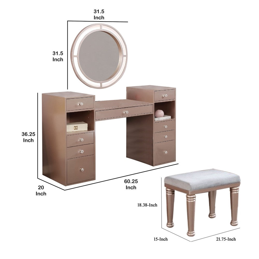 Yezy 3pc Vanity LED Mirror Desk Set with Padded Stool, Blush Pink - BM340352