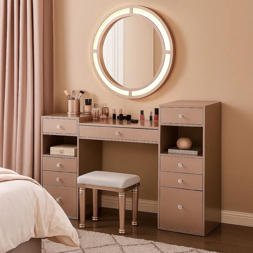 Yezy 3pc Vanity LED Mirror Desk Set with Padded Stool, Blush Pink - BM340352