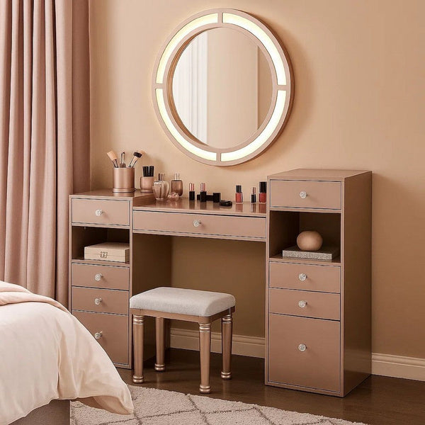 Yezy 3pc Vanity LED Mirror Desk Set with Padded Stool, Blush Pink - BM340352