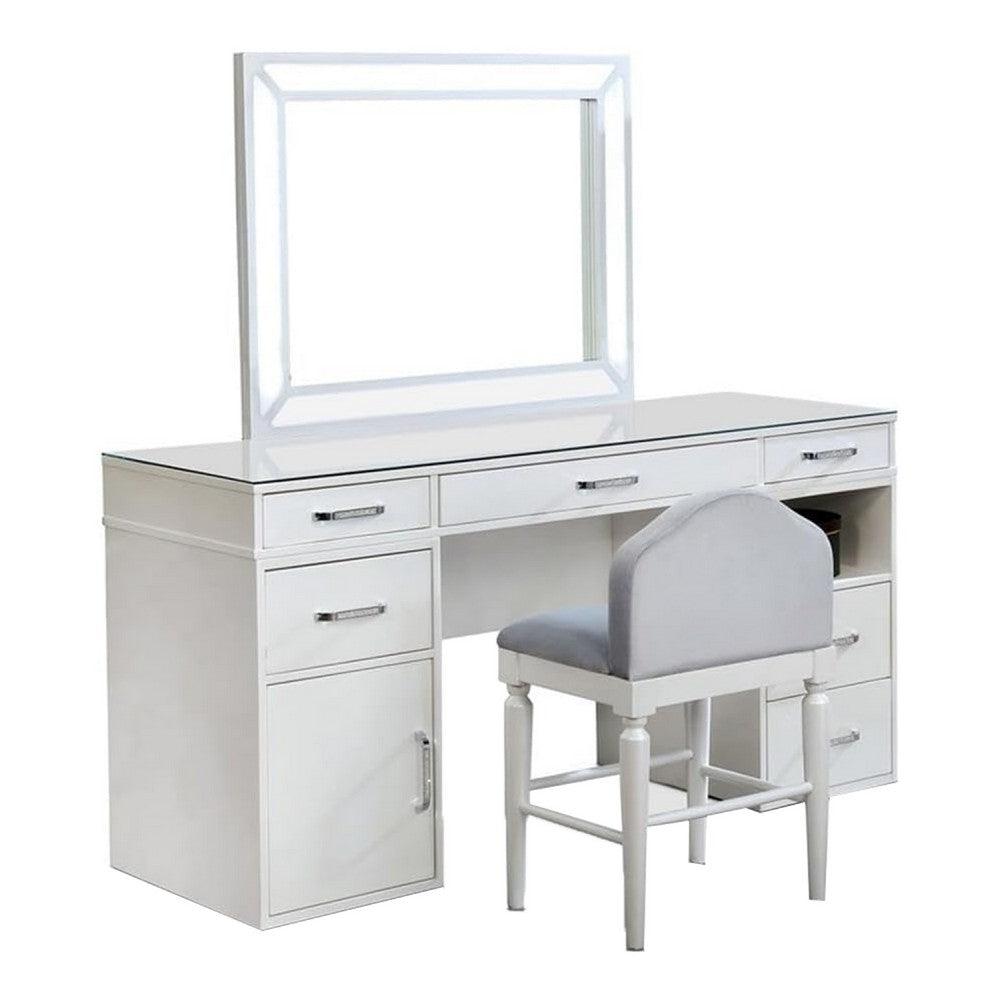 Moe 3pc LED Vanity Set with Desk, Stool and Mirror, Glass Top, White - BM340353