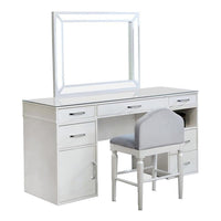 Moe 3pc LED Vanity Set with Desk, Stool and Mirror, Glass Top, White - BM340353
