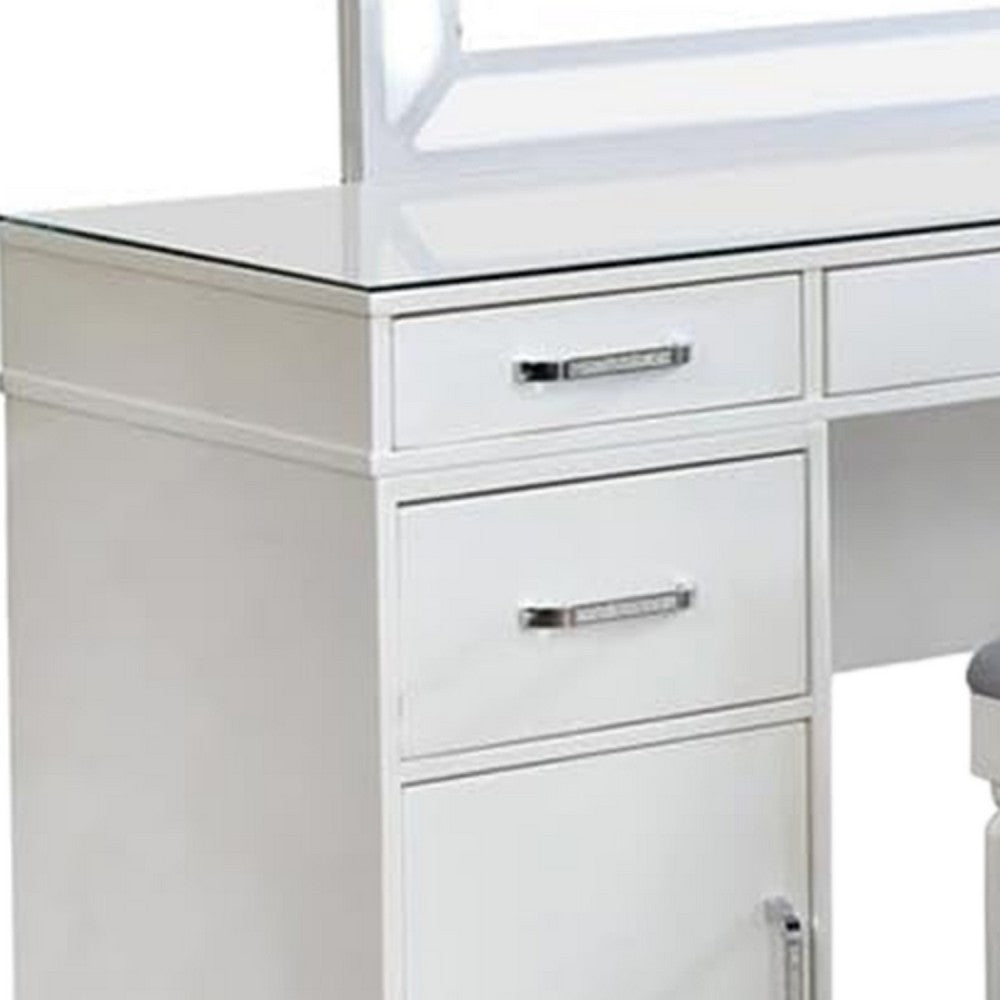 Moe 3pc LED Vanity Set with Desk, Stool and Mirror, Glass Top, White - BM340353