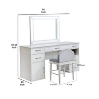 Moe 3pc LED Vanity Set with Desk, Stool and Mirror, Glass Top, White - BM340353