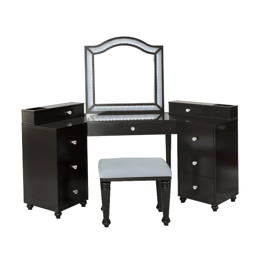 Gena 3pc Vanity Set with Stool, Glass Top Table, LED Mirror, Obsidian Gray - BM340354