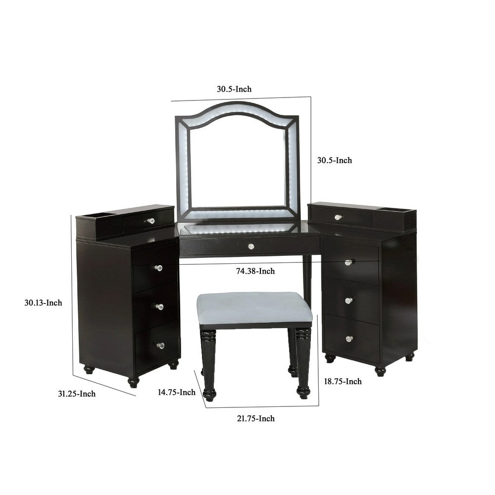 Gena 3pc Vanity Set with Stool, Glass Top Table, LED Mirror, Obsidian Gray - BM340354