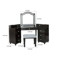 Gena 3pc Vanity Set with Stool, Glass Top Table, LED Mirror, Obsidian Gray - BM340354