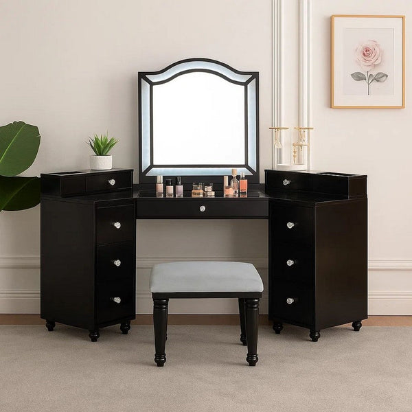 Gena 3pc Vanity Set with Stool, Glass Top Table, LED Mirror, Obsidian Gray - BM340354