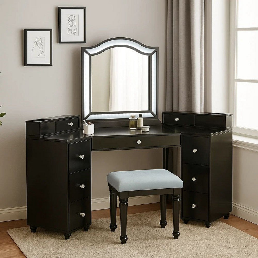 Gena 3pc Vanity Set with Stool, Glass Top Table, LED Mirror, Obsidian Gray - BM340354