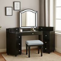 Gena 3pc Vanity Set with Stool, Glass Top Table, LED Mirror, Obsidian Gray - BM340354