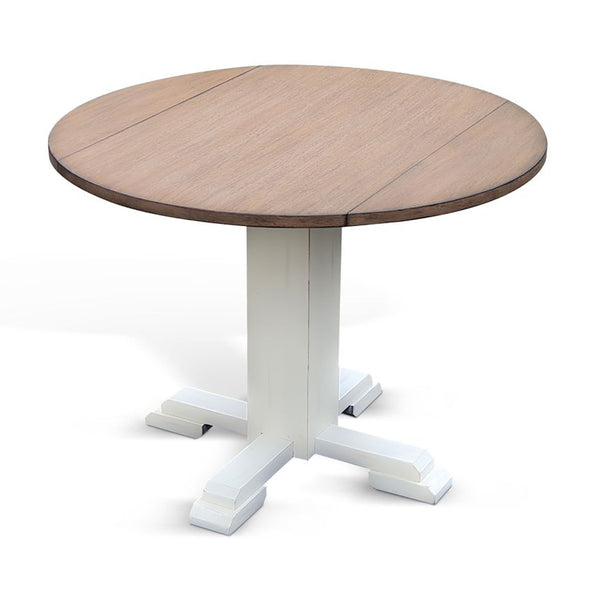 Lemy Round Dining Table w Drop Leaves, 40 Inch Dark Brown Top, White