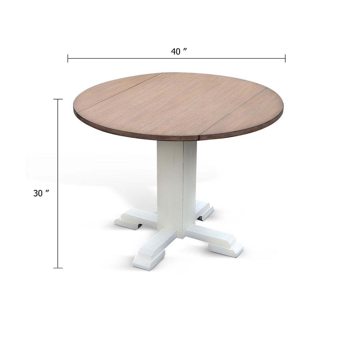 Lemy Round Dining Table w Drop Leaves, 40 Inch Dark Brown Top, White