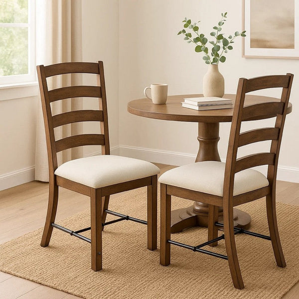 Yael Ladderback Dining Chair Set of 2, White Seat, Brown Solid Mahogany - BM340363