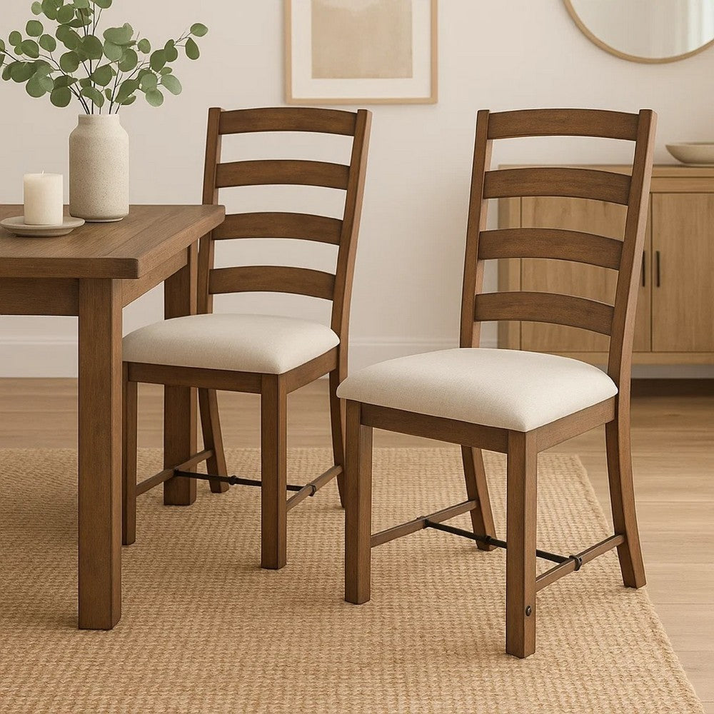 Yael Ladderback Dining Chair Set of 2, White Seat, Brown Solid Mahogany - BM340363