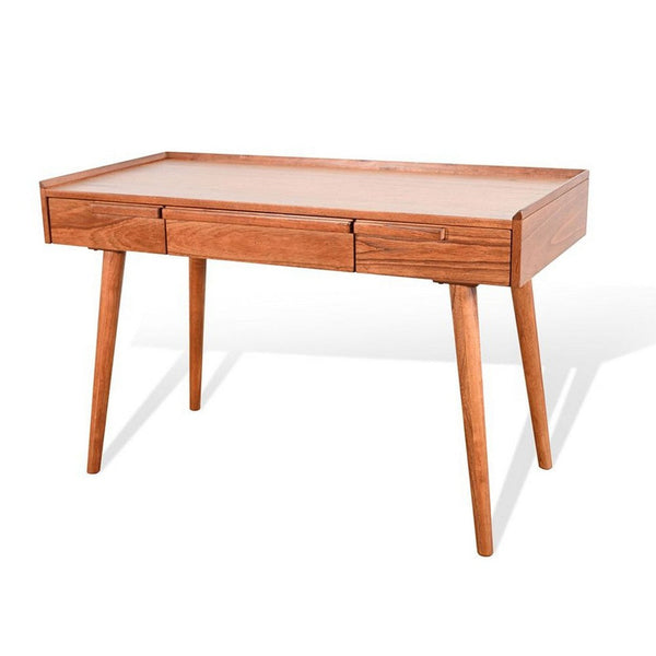 Amy Writing Desk, 48 Inch Rectangular Tabletop, 3 Drawers, Brown Solid Wood - BM340365