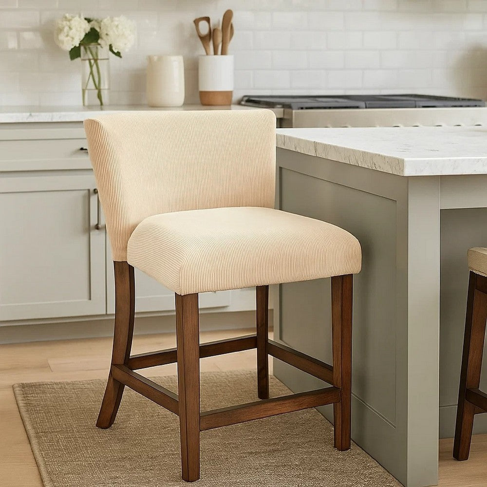 Giby Counter Stool Chair Set of 2, Beige, Dark Brown Solid Mahogany - BM340371