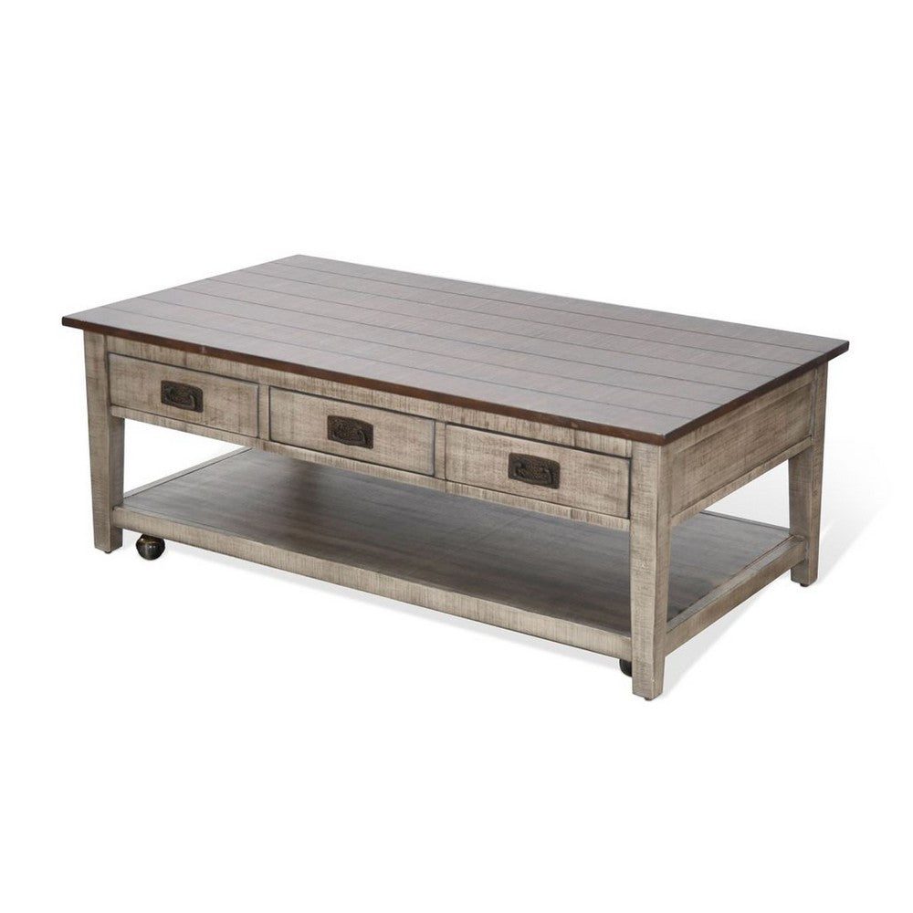 Camie Coffee Table, 48 Inch Top, 3 Drawers, Gray Solid Mahogany - BM340373