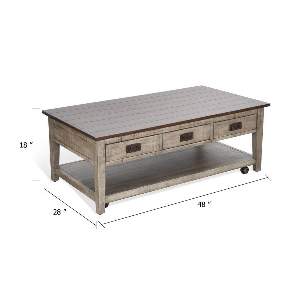 Camie Coffee Table, 48 Inch Top, 3 Drawers, Gray Solid Mahogany - BM340373