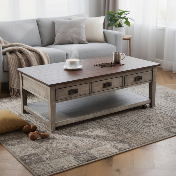 Camie Coffee Table, 48 Inch Top, 3 Drawers, Gray Solid Mahogany - BM340373