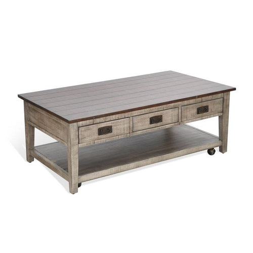 Camie Coffee Table, 48 Inch Top, 3 Drawers, Gray Solid Mahogany - BM340373