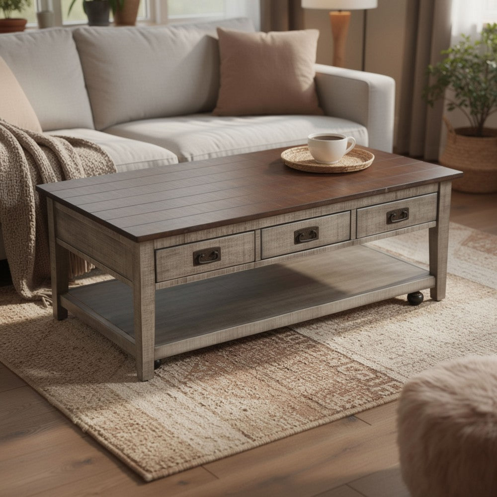Camie Coffee Table, 48 Inch Top, 3 Drawers, Gray Solid Mahogany - BM340373