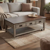Camie Coffee Table, 48 Inch Top, 3 Drawers, Gray Solid Mahogany - BM340373