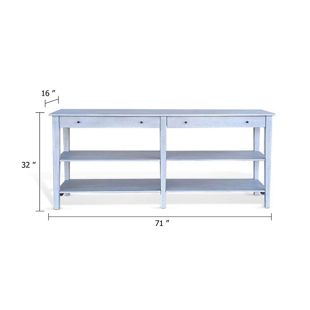 Meny Sofa Console Table, 71 Inch with Shelves, Light Gray Solid Wood - BM340376