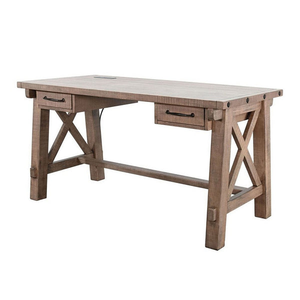 Anva Writing Desk, 58 Inch with Power Plug, Natural Brown Solid Mahogany - BM340378