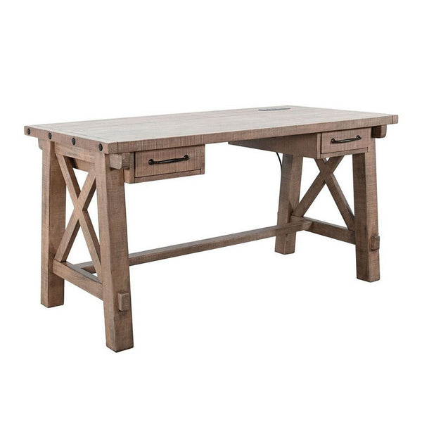 Anva Writing Desk, 58 Inch with Power Plug, Natural Brown Solid Mahogany - BM340378