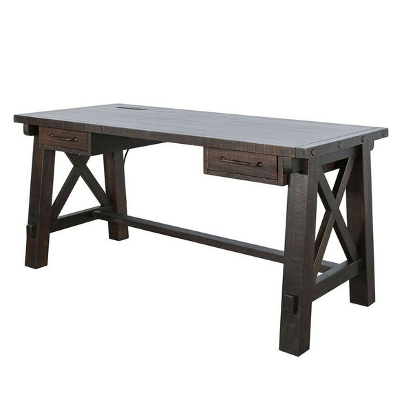 Anva Writing Desk, 58 Inch with Power Plug, Dark Brown Solid Mahogany - BM340379