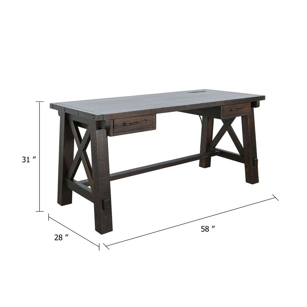 Anva Writing Desk, 58 Inch with Power Plug, Dark Brown Solid Mahogany - BM340379