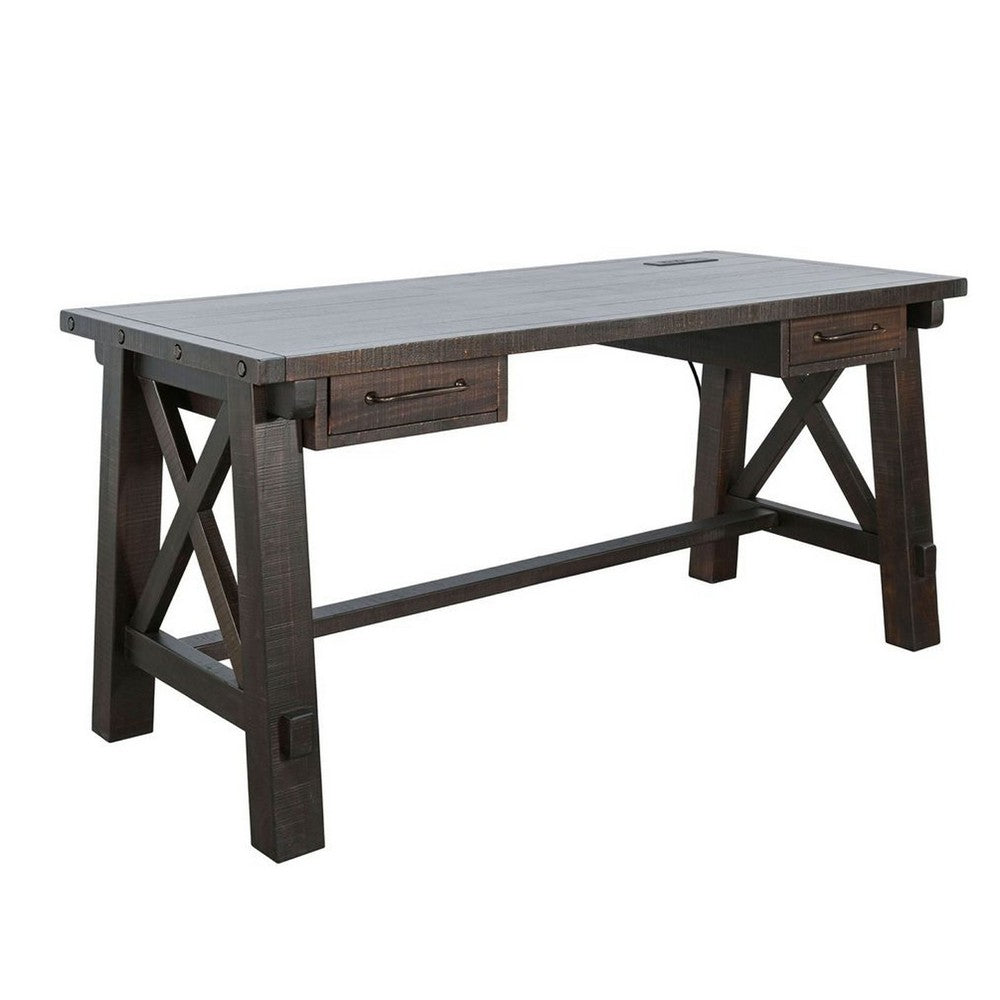 Anva Writing Desk, 58 Inch with Power Plug, Dark Brown Solid Mahogany - BM340379
