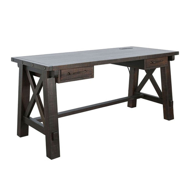 Anva Writing Desk, 58 Inch with Power Plug, Dark Brown Solid Mahogany - BM340379