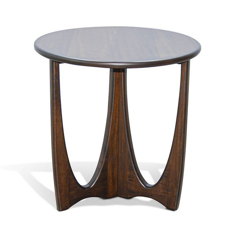 Natra Side End Table, 26 Inch Round, Cutout Base, Dark Brown Solid Wood - BM340380