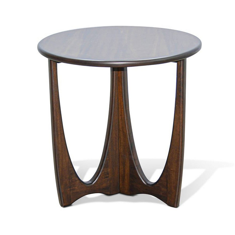 Natra Side End Table, 26 Inch Round, Cutout Base, Dark Brown Solid Wood - BM340380