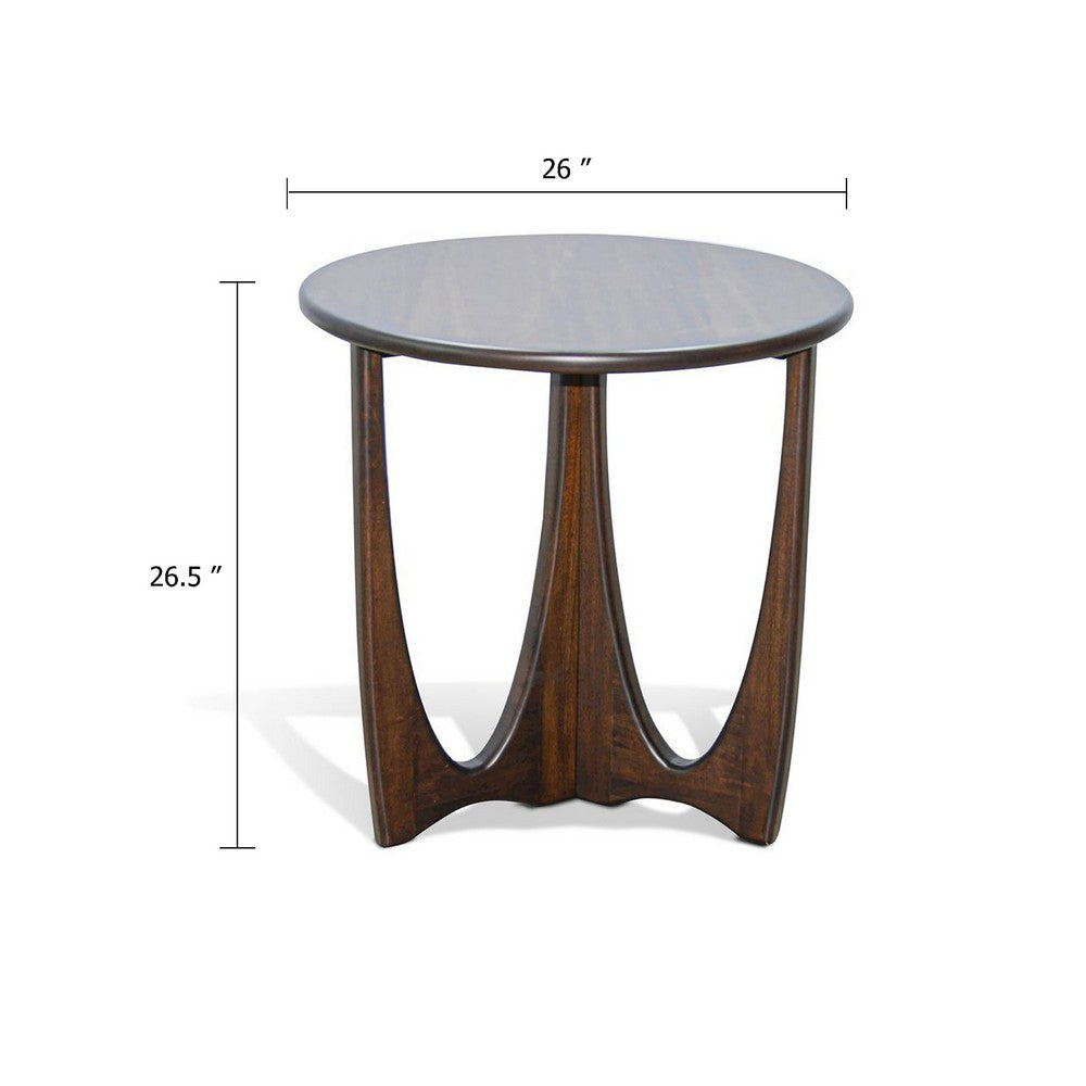 Natra Side End Table, 26 Inch Round, Cutout Base, Dark Brown Solid Wood - BM340380
