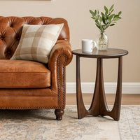 Natra Side End Table, 26 Inch Round, Cutout Base, Dark Brown Solid Wood - BM340380