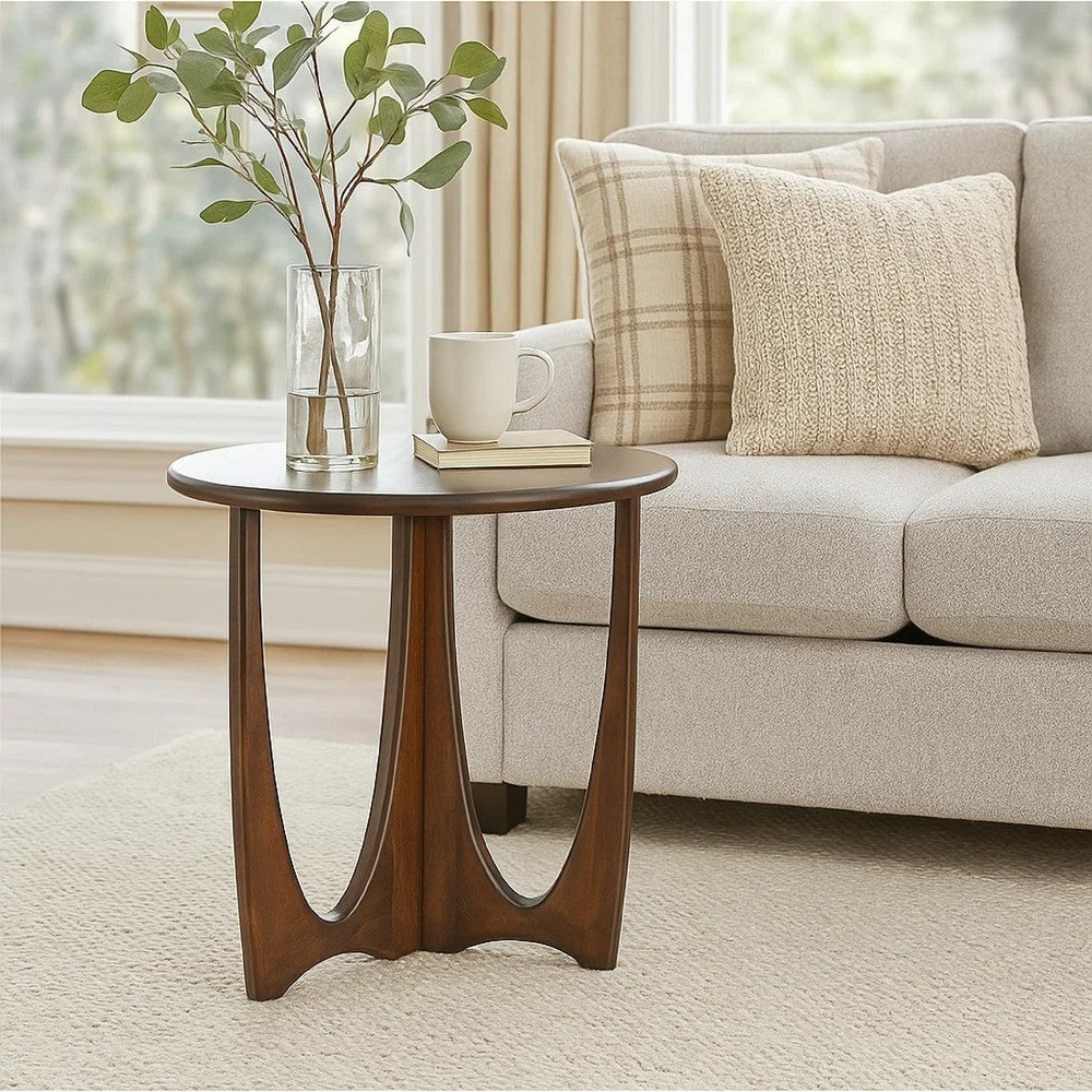 Natra Side End Table, 26 Inch Round, Cutout Base, Dark Brown Solid Wood - BM340380