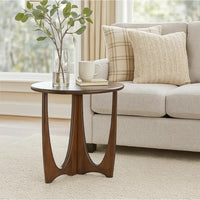Natra Side End Table, 26 Inch Round, Cutout Base, Dark Brown Solid Wood - BM340380