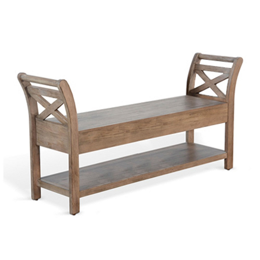 Demi 48 Inch Storage Bench, Lower Shelf, Natural Brown Solid Wood - BM340384