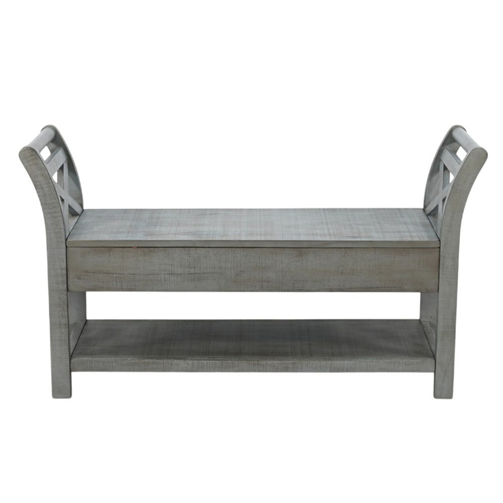 Demi 48 Inch Storage Bench, Lower Shelf, Rustic Blue Solid Wood - BM340385