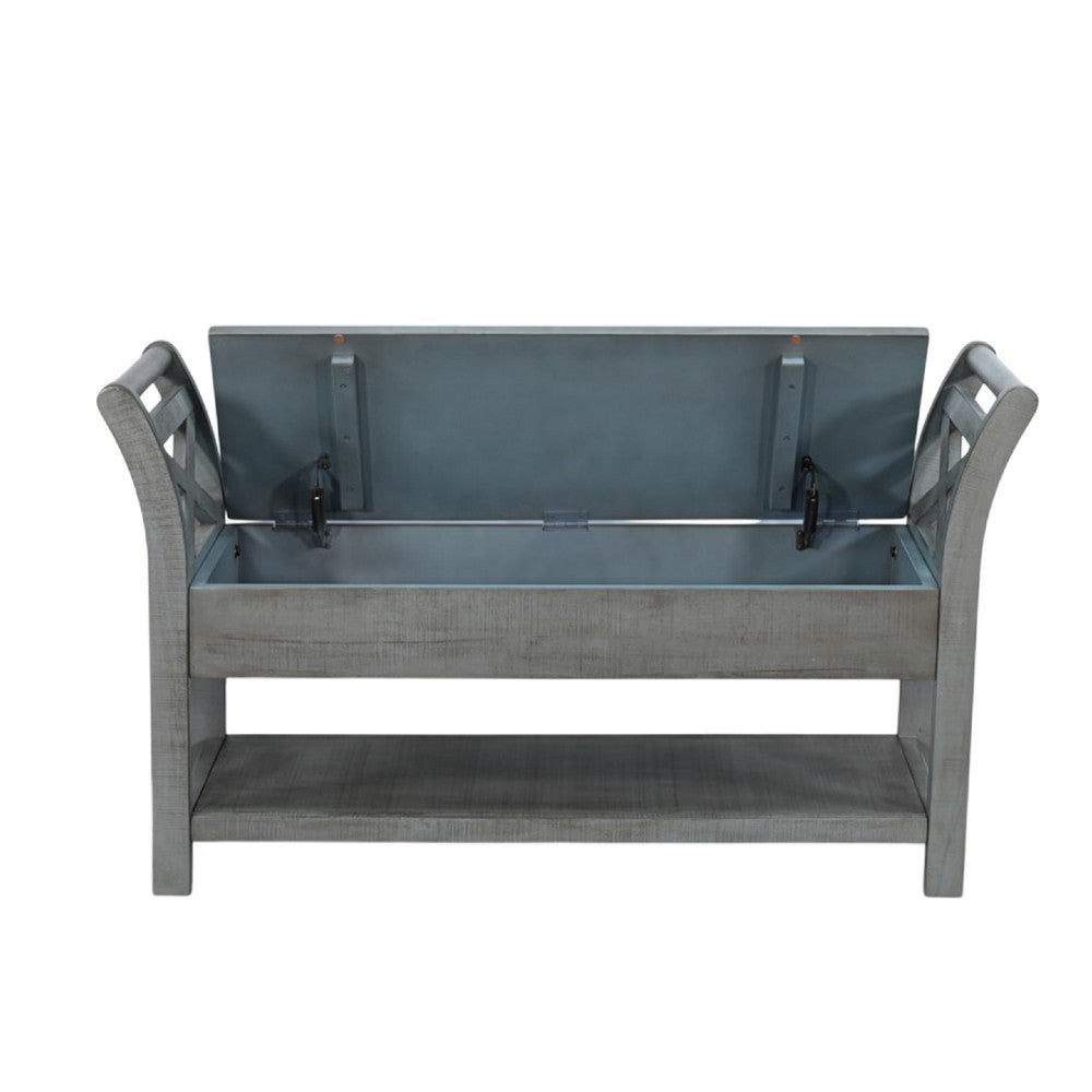 Demi 48 Inch Storage Bench, Lower Shelf, Rustic Blue Solid Wood - BM340385