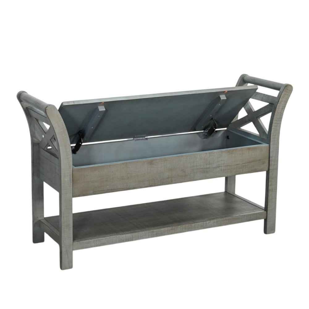 Demi 48 Inch Storage Bench, Lower Shelf, Rustic Blue Solid Wood - BM340385