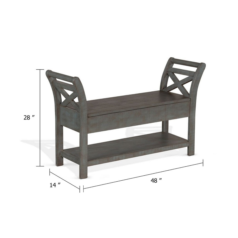 Demi 48 Inch Storage Bench, Lower Shelf, Rustic Blue Solid Wood - BM340385