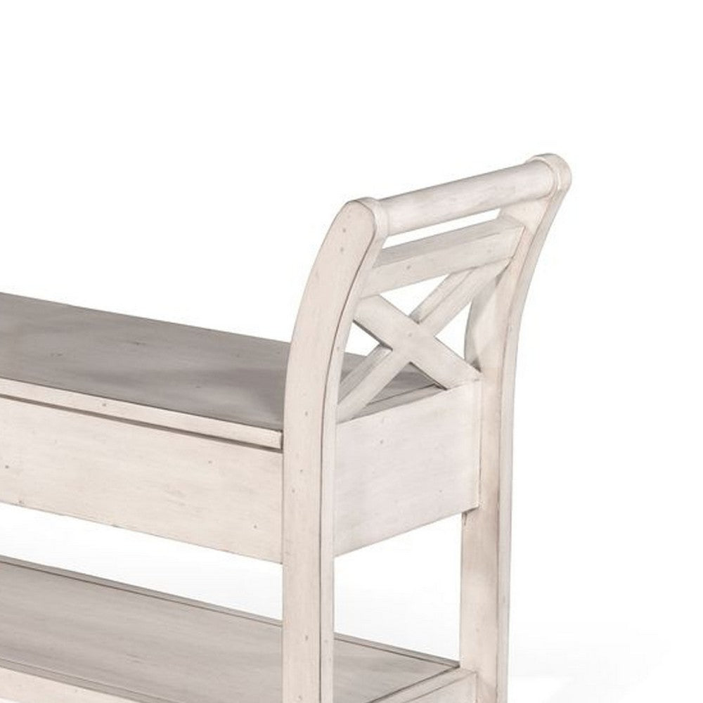 Demi 48 Inch Storage Bench, Lower Shelf, Rustic White Solid Wood - BM340386