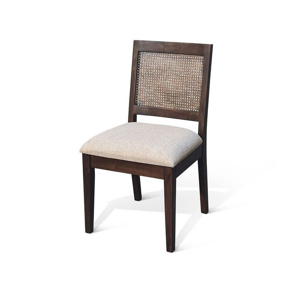 Zemi Dining Chair Set of 2, Rattan Back, Beige, Dark Brown Solid Wood - BM340389
