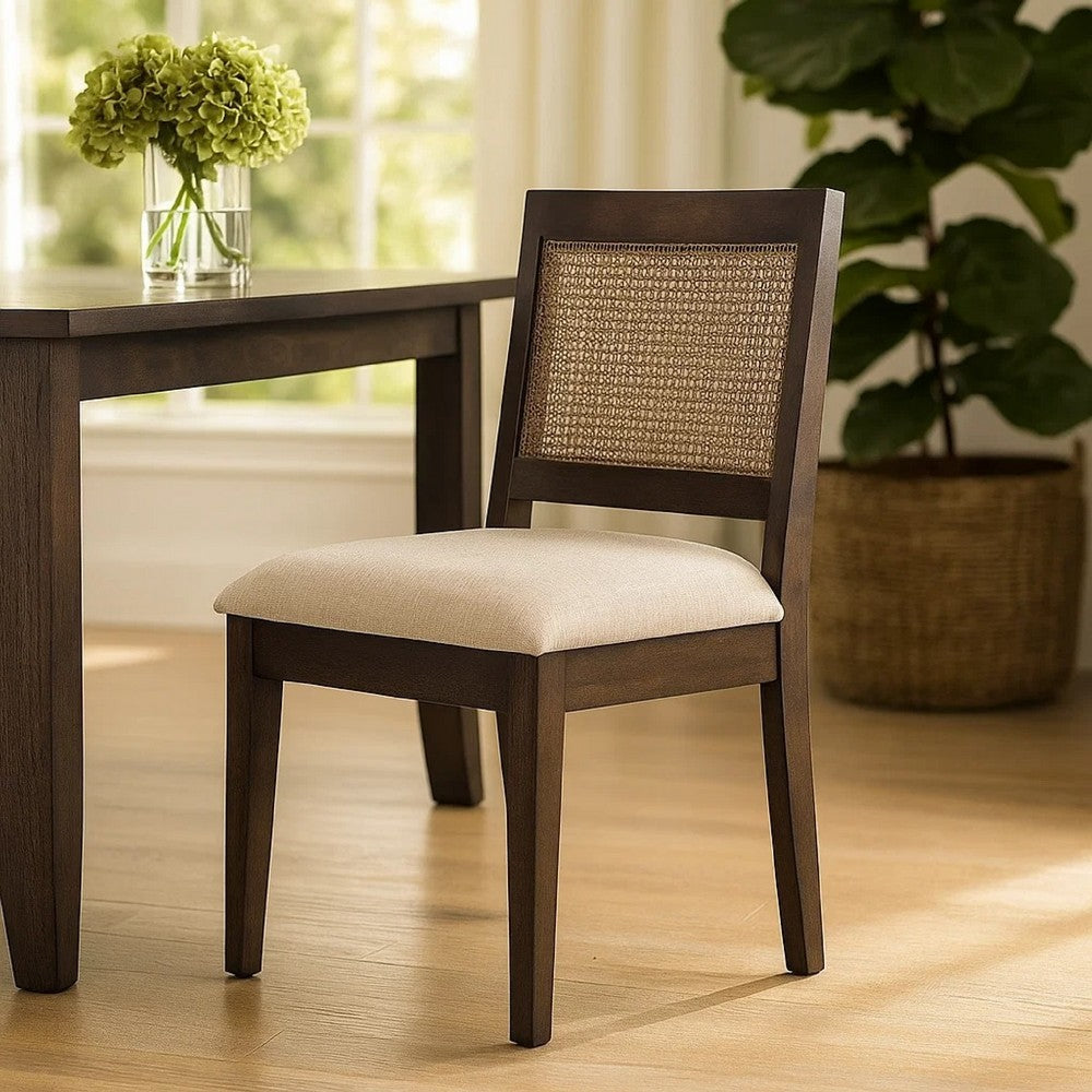 Zemi Dining Chair Set of 2, Rattan Back, Beige, Dark Brown Solid Wood - BM340389