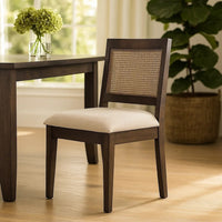Zemi Dining Chair Set of 2, Rattan Back, Beige, Dark Brown Solid Wood - BM340389